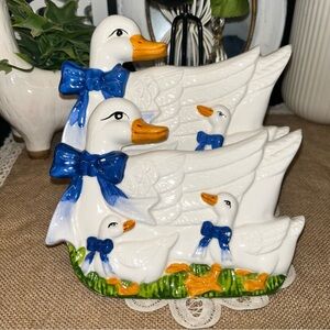 Vtg Pair Ceramic Goose Wall Plaques 1980s Blue Ribbon Mother & Goslings Country